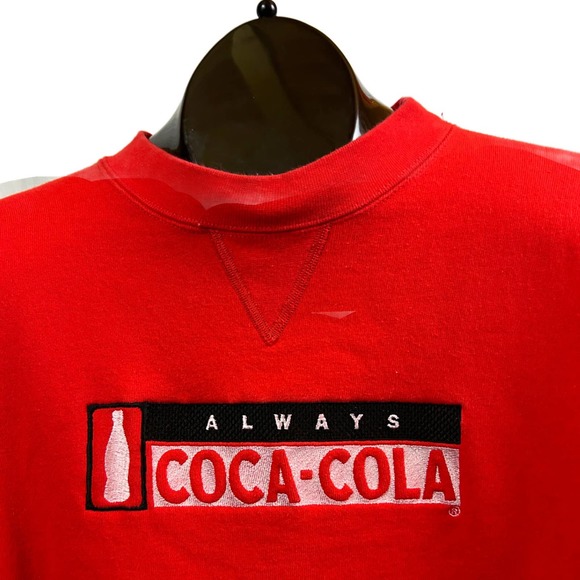 1990s Red Coca Cola Spellout V Stitch Sweatshirt USA Made / Women’s Medium * - Picture 2 of 4